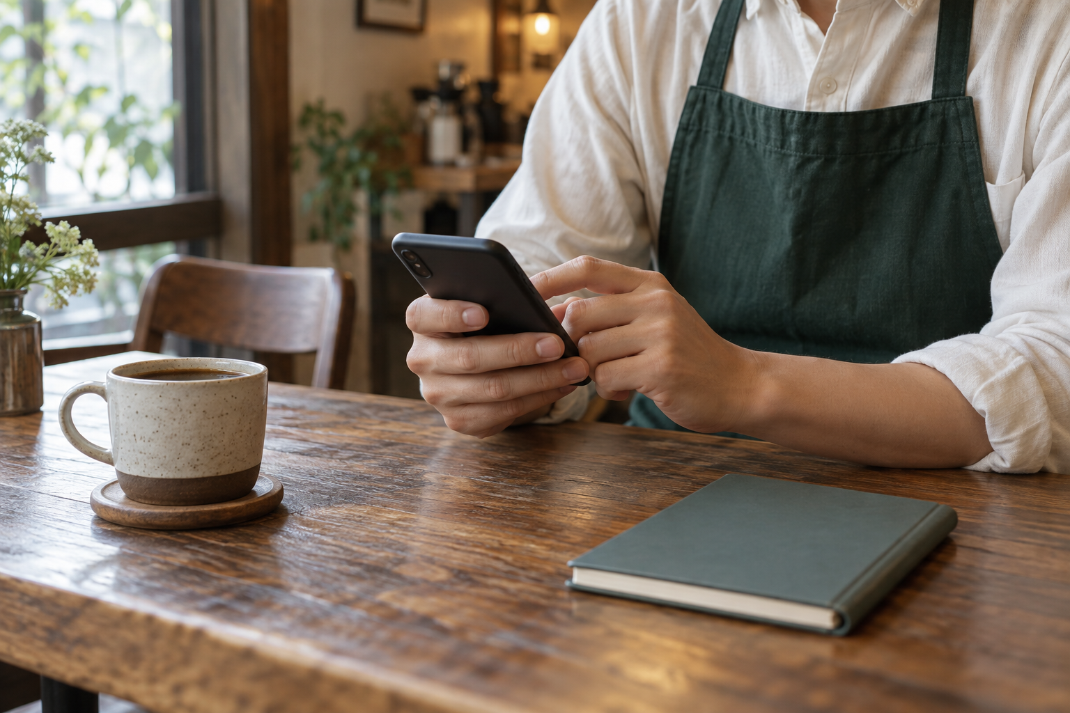 店舗でスマートフォンを確認する手元のイメージ